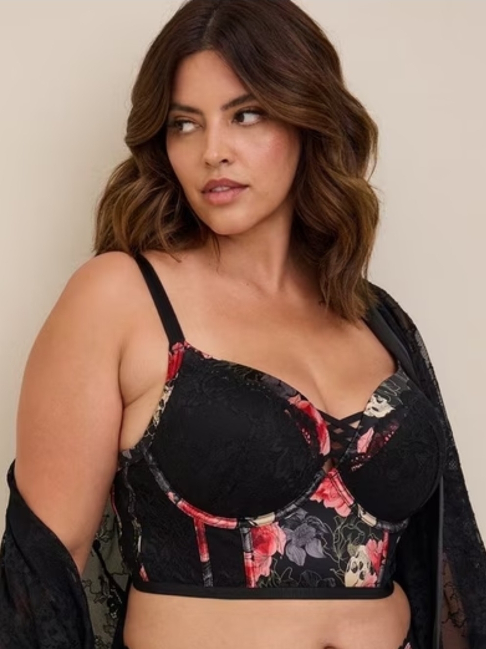 torrid Black Longline Bra with Red Floral Accents